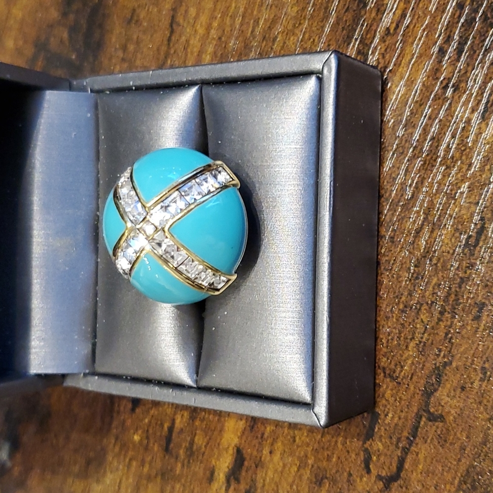 CZ's and enamel ring in brass